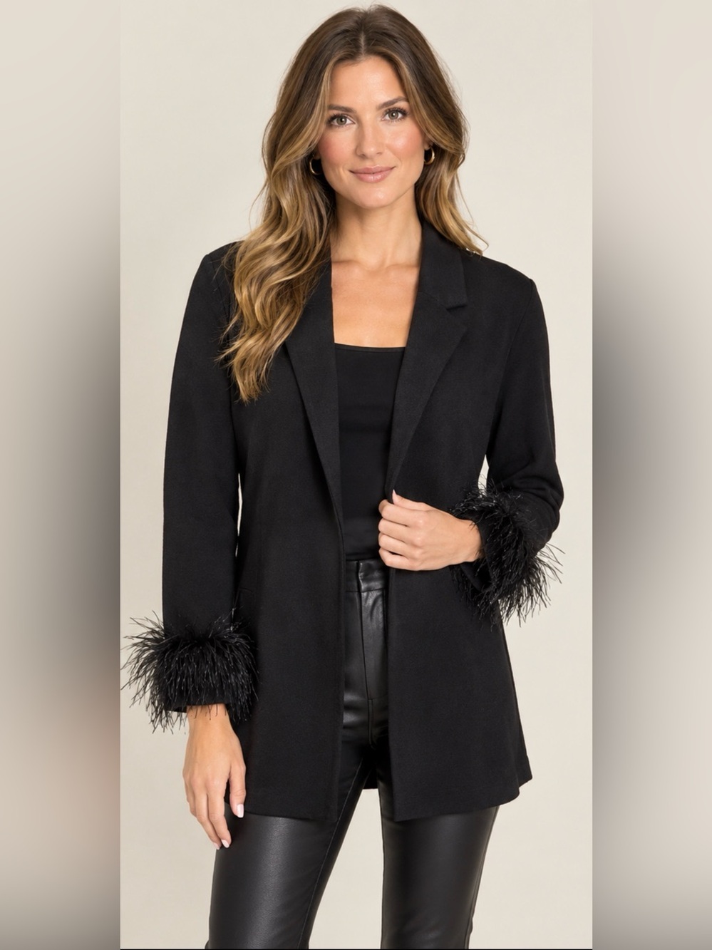 Sioni Black Blazer with Feather Cuffs